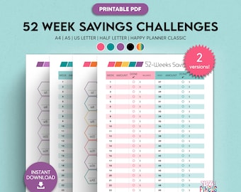52 Week Savings Challenge Printable PDF, Savings Challenge, 52 Week Savings Tracker, Money Challenge | A4 A5 Half Size Letter Happy Planner