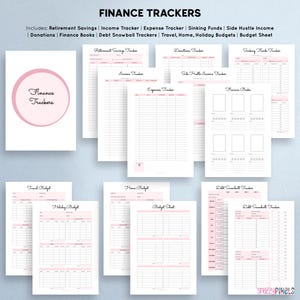Może przedstawiać: Zestaw drukowanych tracker&oacute;w finansowych w kolorze r&oacute;żowym i białym. Trackery obejmują oszczędności emerytalne, dochody, wydatki, fundusze awaryjne, dochody z dodatkowej pracy, darowizny, książki finansowe, metodę kuli śnieżnej, podr&oacute;że, dom, budżety wakacyjne i arkusz budżetowy.