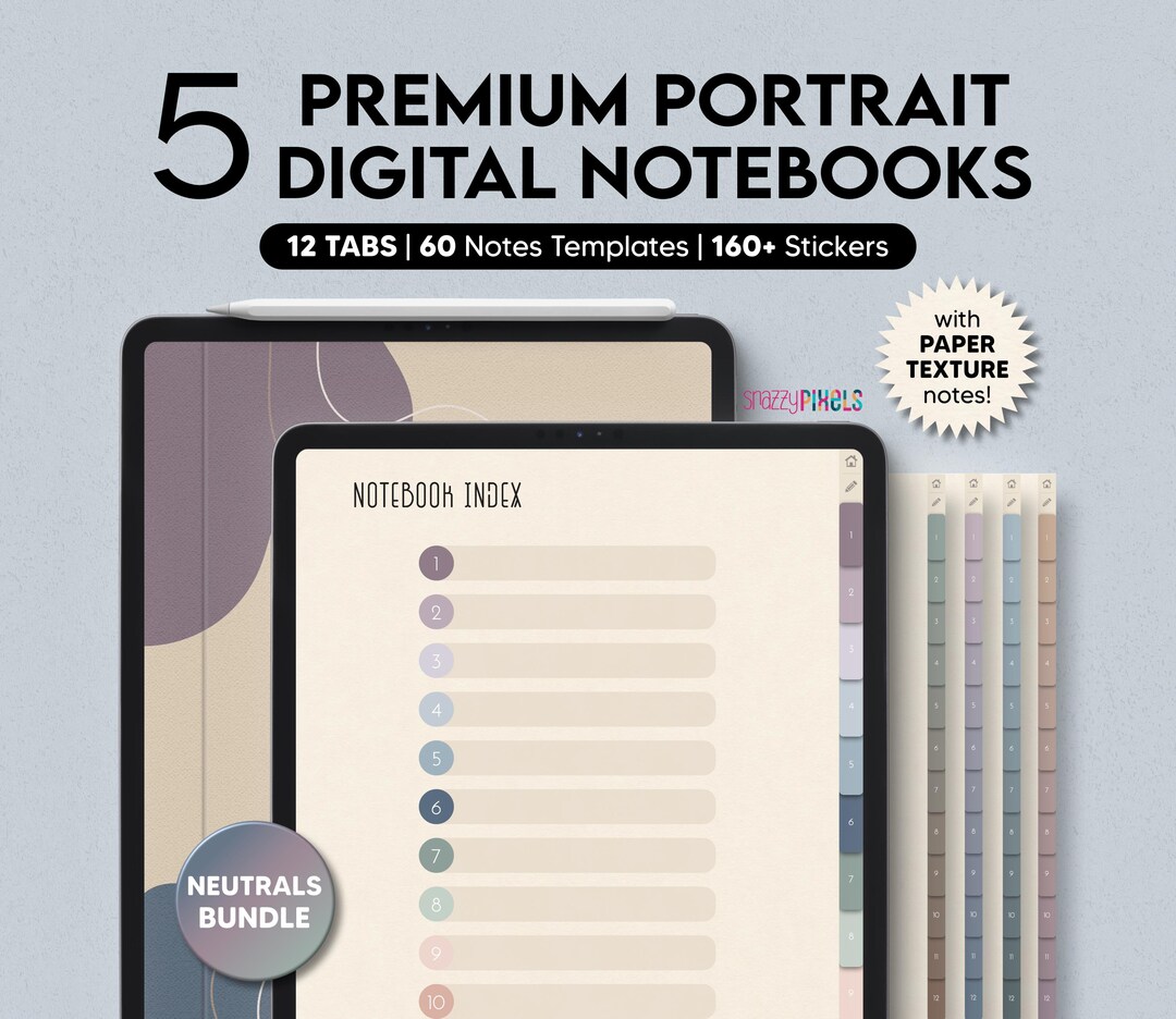 5 Digital Notebooks (neutrals), 12 Tabs for Goodnotes Notability ...
