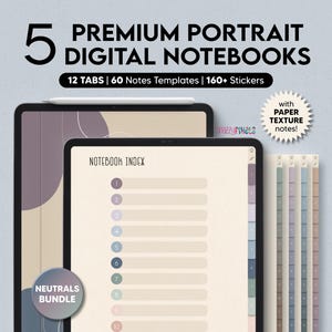 5 cyfrowych notatników (neutralnych), 12 zakładek do Goodnotes Notability, cyfrowy notatnik na iPada, szablony cyfrowych notatek, notatnik studencki