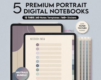 5 Digital Notebooks (Neutrals), 12 Tabs for Goodnotes Notability, Digital Notebook for iPad, Digital Notes Templates, Student Notebook