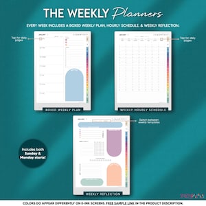 May include: Digital weekly planners with boxed weekly plan, hourly schedule, and weekly reflection templates. The planners include both Sunday and Monday starts. The text on the image says "THE WEEKLY Planners".