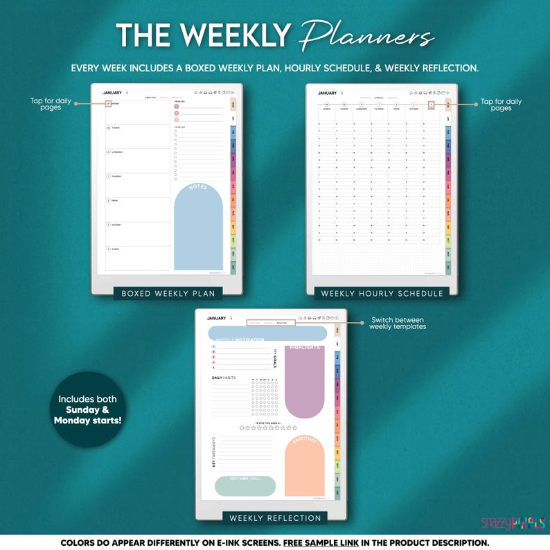 May include: Digital weekly planners with boxed weekly plan, hourly schedule, and weekly reflection templates. The planners include both Sunday and Monday starts. The text on the image says "THE WEEKLY Planners".