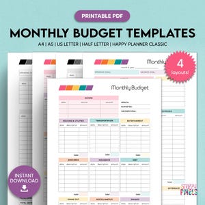 Monthly Budget Templates Printable, Monthly Budget PDF, Budgeting Organizer, Expenses Money Tracker | A4 A5 Letter Half Size Happy Planner