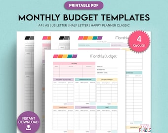 Monthly Budget Templates Printable, Monthly Budget PDF, Budgeting Organizer, Expenses Money Tracker | A4 A5 Letter Half Size Happy Planner