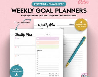 Retro Weekly Goal Planner, Fillable Productivity Organizer (Digital Download)
