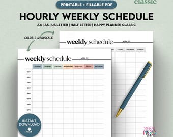 Hourly Weekly Schedule Printable, Fillable PDF, Classic Style
