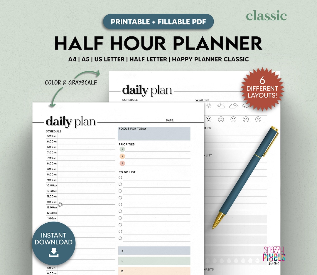 Daily Routine Half Term Half Hourly Daily Planner Printable, Fillable PDF, Minimalist Design - Etsy