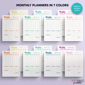 May include: Seven printable monthly planner templates in different colours: orange, yellow, green, blue, purple, pink, and light blue. Each planner has a simple grid layout with space for notes and tasks. The text "SUNDAY & MONDAY STARTS" is at the top right corner of the image.