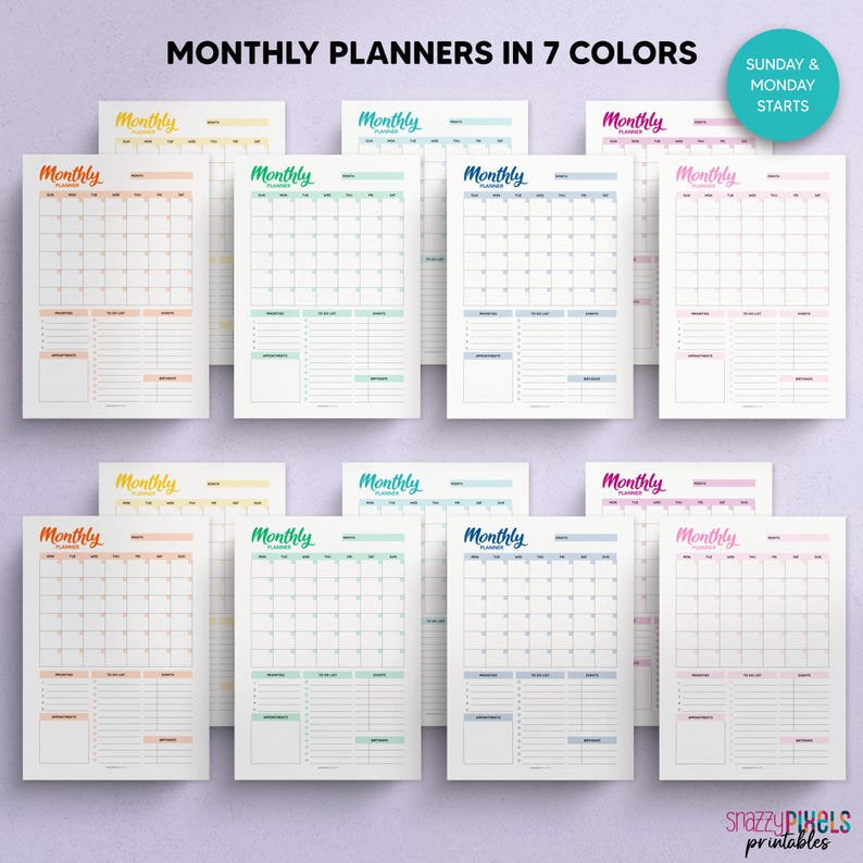 May include: Seven printable monthly planner templates in different colours: orange, yellow, green, blue, purple, pink, and light blue. Each planner has a simple grid layout with space for notes and tasks. The text "SUNDAY & MONDAY STARTS" is at the top right corner of the image.
