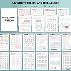 May include: A set of printable savings trackers and challenges. The trackers are designed to help people save money for various goals, such as an emergency fund, a house, a car, a wedding, a holiday, Christmas, and travel. The trackers feature a variety of designs, including jars, piggy banks, houses, cars, gifts, Christmas trees, and umbrellas. The trackers are black and white with a light pink and blue background.