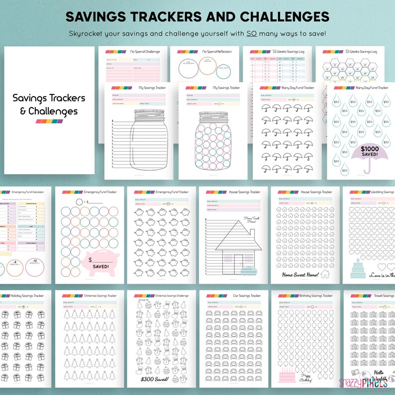 May include: A set of printable savings trackers and challenges. The trackers are designed to help people save money for various goals, such as an emergency fund, a house, a car, a wedding, a holiday, Christmas, and travel. The trackers feature a variety of designs, including jars, piggy banks, houses, cars, gifts, Christmas trees, and umbrellas. The trackers are black and white with a light pink and blue background.