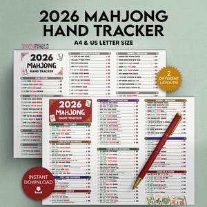 May include: A 2026 Mahjong hand tracker score sheet available in A4 and US letter sizes. The document features two distinct layouts with columns for consecutive runs, winds, dragons, and various number combinations, accompanied by a red ballpoint pen.