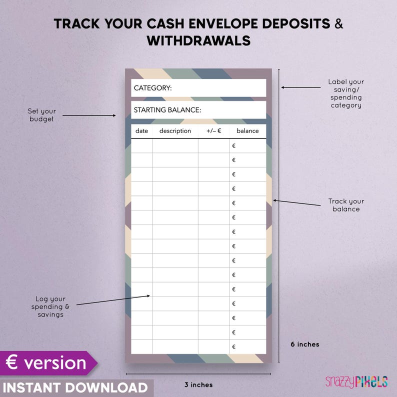 Cash Envelope Inserts (EURO) Printable PDF, 3x6 Inch, Sinking Funds ...