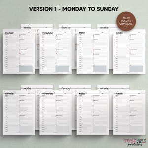 May include: Printable daily planner pages for Monday through Sunday. The pages are in black and white with a simple design. The pages are designed to be used for daily planning and scheduling.