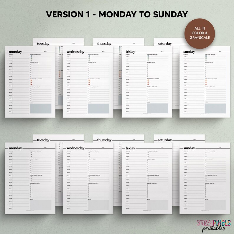 May include: Printable daily planner pages for Monday through Sunday. The pages are in black and white with a simple design. The pages are designed to be used for daily planning and scheduling.