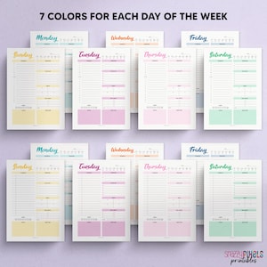 May include: Seven printable daily planner pages, one for each day of the week, with a different colour for each day. The colours are yellow, pink, light blue, orange, light green, light purple, and blue.