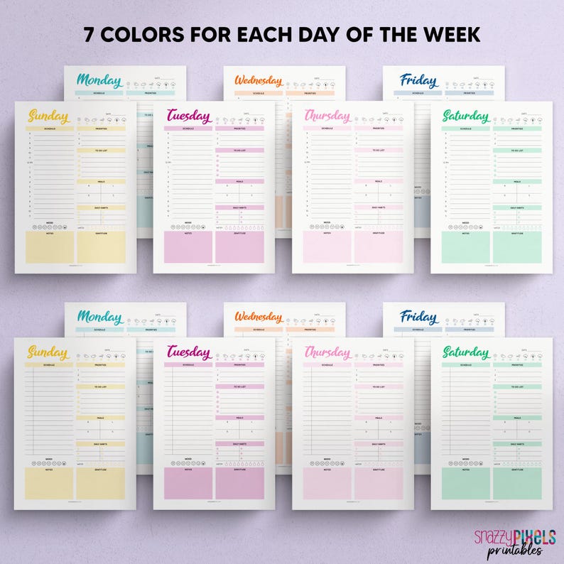 May include: Seven printable daily planner pages, one for each day of the week, with a different colour for each day. The colours are yellow, pink, light blue, orange, light green, light purple, and blue.