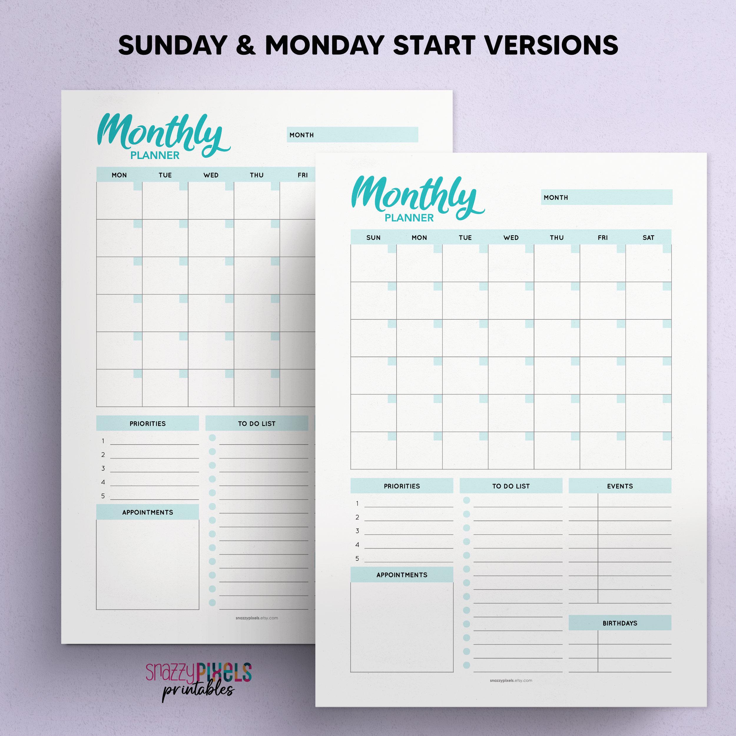 Month at a Glance Planner Printable PDF (color), Month Goals, to Do ...