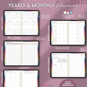 Hyperlinked yearly calendar, important dates template, monthly calendars, and yearly and monthly teacher goals pages