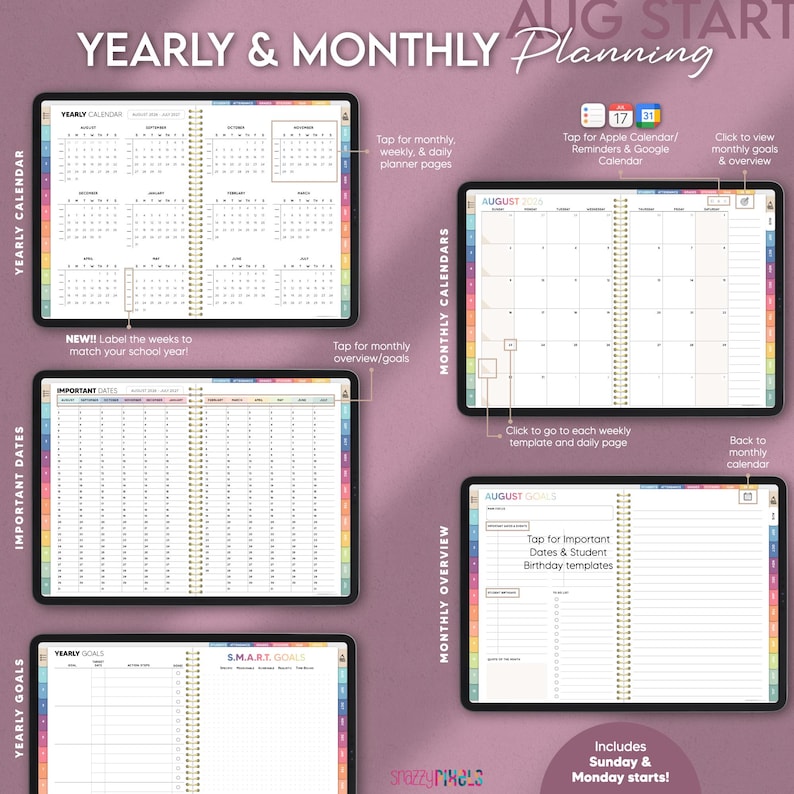 Hyperlinked yearly calendar, important dates template, monthly calendars, and yearly and monthly teacher goals pages