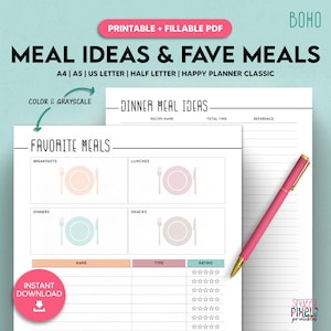 Idées de repas, modèle imprimable de repas préférés, planificateur de repas de menus, suivi de recette A4/A5/US Letter/demi lettre/Happy Planner, PDF à remplir