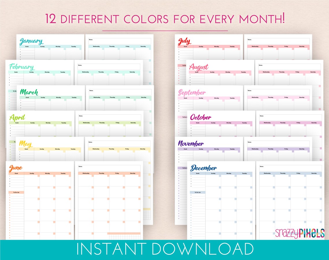 Monthly Calendar Planner Printable PDF color Undated - Etsy