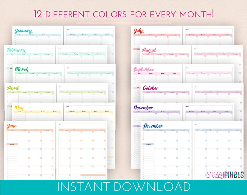 Monthly Calendar Planner Printable PDF color Undated - Etsy