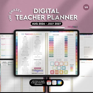 Puede incluir: Un planificador digital para profesores en una tableta, con un diseño detallado para agosto de 2026 a julio de 2027. El planificador incluye secciones para la asistencia, los planes de lecciones y la información del estudiante. El texto "DIGITAL TEACHER PLANNER" es visible.