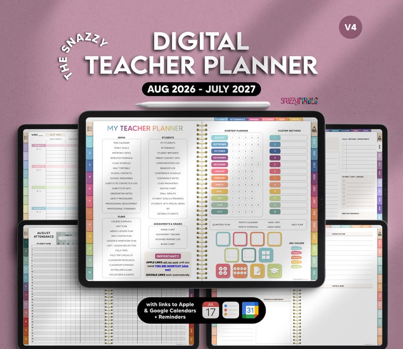 Hyperlinked August start 2026 digital teacher planner for Goodnotes, Notability, Noteshelf, Penly, Samsung Notes