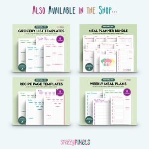 May include: Four printable PDF templates for meal planning and grocery lists. The templates are available in eight colors and include grocery lists, recipe pages, meal planner bundles, and weekly meal plans. The templates are designed for A4 and US letter sizes.