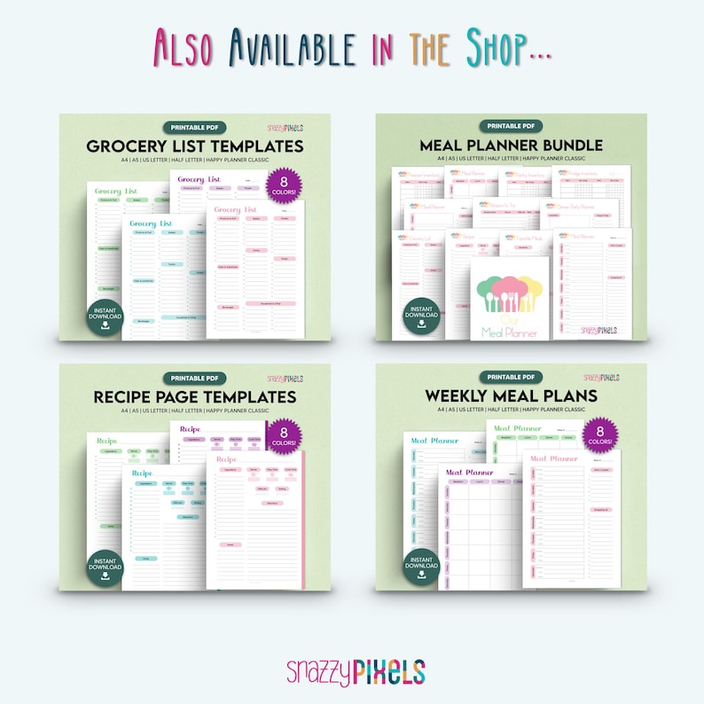 May include: Four printable PDF templates for meal planning and grocery lists. The templates are available in eight colors and include grocery lists, recipe pages, meal planner bundles, and weekly meal plans. The templates are designed for A4 and US letter sizes.