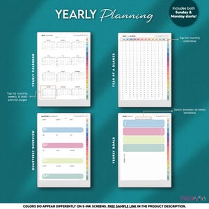 May include: Digital yearly planning templates with calendar, yearly at a glance, quarterly overview, and yearly goals sections. Includes both Sunday and Monday start options. The text on the image says "Yearly Planning".