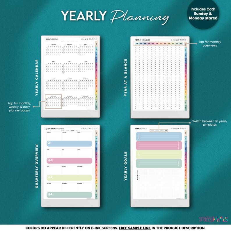 May include: Digital yearly planning templates with calendar, yearly at a glance, quarterly overview, and yearly goals sections. Includes both Sunday and Monday start options. The text on the image says "Yearly Planning".