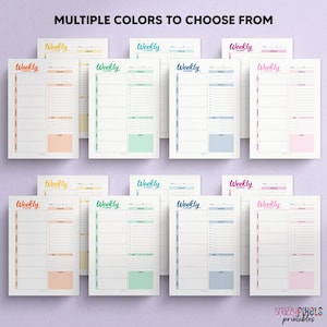 May include: A set of printable weekly planner pages in various colours, including yellow, green, blue, and pink. Each page features the word "Weekly" at the top and has a grid layout for scheduling appointments and tasks.