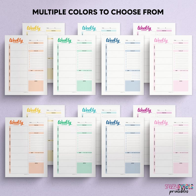 May include: A set of printable weekly planner pages in various colours, including yellow, green, blue, and pink. Each page features the word "Weekly" at the top and has a grid layout for scheduling appointments and tasks.