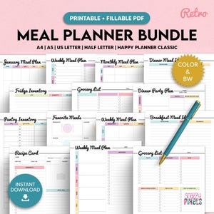 Planificateur de repas imprimable, planificateur de menus de la semaine Planificateur de recettes à faire soi-même livre Planificateur de préparation de repas A4 A5 lettre demi-format Happy Planner PDF à remplir
