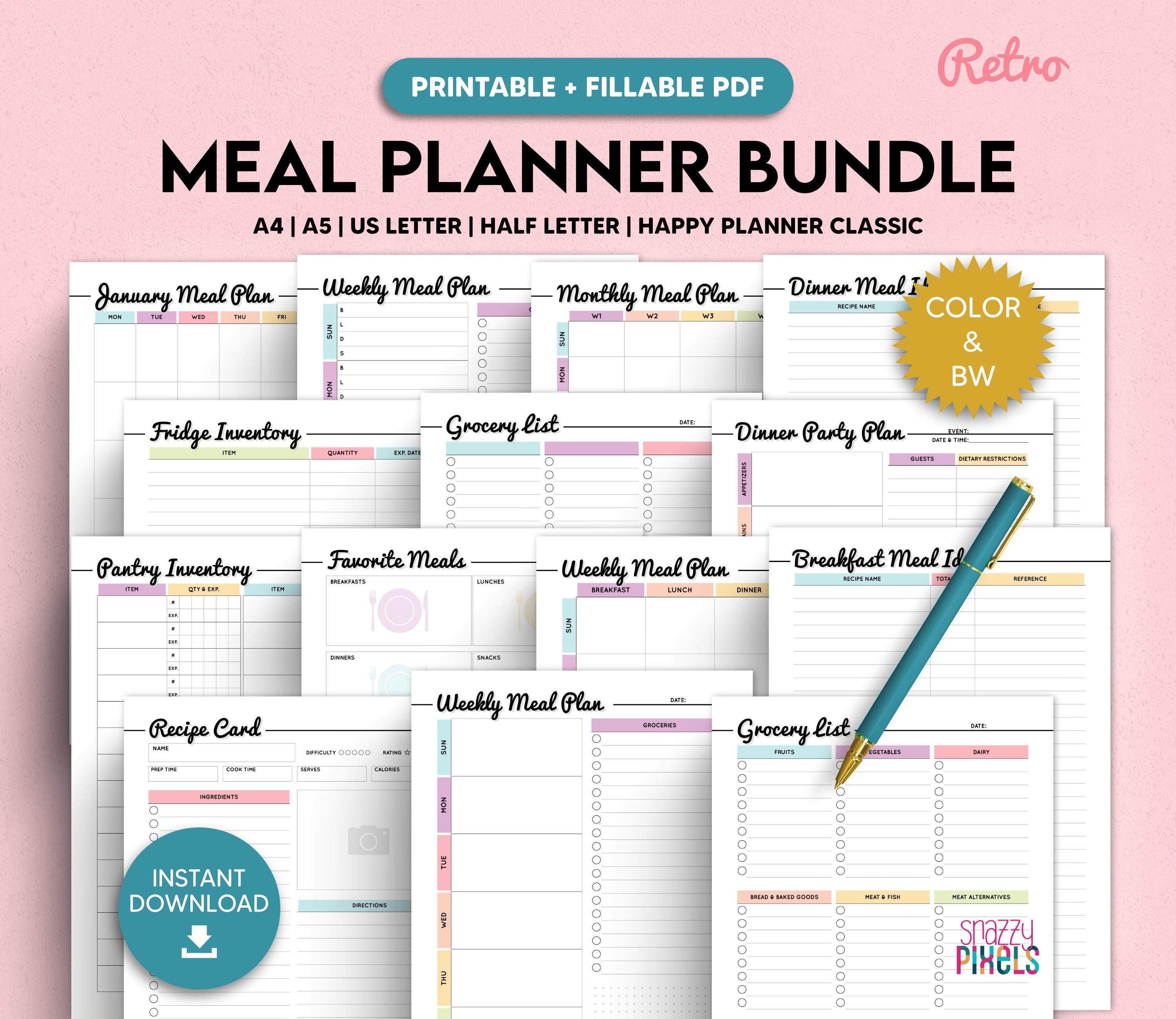 Meal Planner Printable, Weekly Meal Menu Planner DIY Recipe Planner Book Meal Prep Planner A4 A5 Letter Half Size Happy Planner Fillable PDF