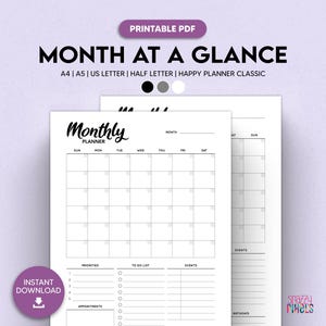 Planificador mensual imprimible en PDF (blanco y negro), objetivos mensuales, lista de tareas, inserto de calendario sin fecha / Planificador feliz de tamaño carta, tamaño A4, A5 y media carta.
