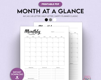 Month at a Glance Planner Printable, Undated Calendar (PDF)
