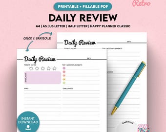 Daily Review Printable Fillable PDF, Daily Reflection Evaluation Summary Page, Diary Gratitude Template, A5/A4/Letter/Half Size/Happy Insert