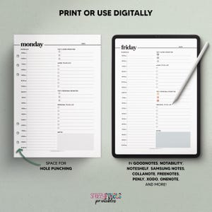 May include: A printable daily planner template for Monday and Friday. The planner includes sections for scheduling, top work priorities, work to-do list, top personal priorities, personal to-do list, and notes. The planner is designed for use with digital note-taking apps like Goodnotes, Notability, Noteshelf, Samsung Notes, and more.