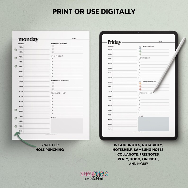 May include: A printable daily planner template for Monday and Friday. The planner includes sections for scheduling, top work priorities, work to-do list, top personal priorities, personal to-do list, and notes. The planner is designed for use with digital note-taking apps like Goodnotes, Notability, Noteshelf, Samsung Notes, and more.