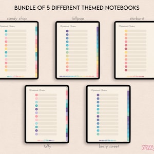 Puede incluir: Cinco portadas de cuaderno digital con diferentes temas de colores. Los temas son tienda de dulces, piruleta, estallido de estrellas, caramelo y baya dulce. Cada portada tiene una lista de art&iacute;culos con puntos de colores a su lado.
