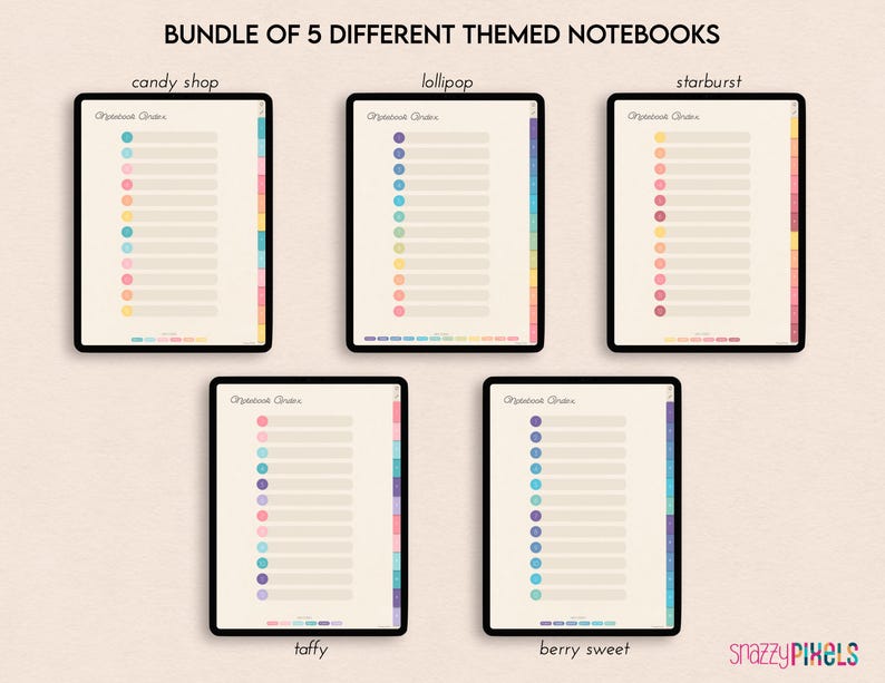 Puede incluir: Cinco portadas de cuaderno digital con diferentes temas de colores. Los temas son tienda de dulces, piruleta, estallido de estrellas, caramelo y baya dulce. Cada portada tiene una lista de art&iacute;culos con puntos de colores a su lado.