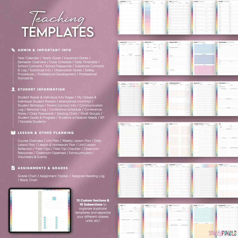 List of all teacher planning templates included in the hyperlinked digital teacher planner