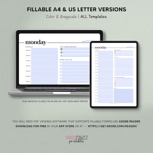 May include: A digital planner template for Monday, with a schedule, top 3 work priorities, and a work to do list. The template is designed to be filled out digitally and printed. The text "BLUE INDICATES FILLABLE FIELDS AND WILL NOT SHOW WHEN PRINTED." is at the bottom of the image.
