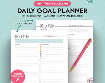 Daily Goal Planner Printable PDF, Daily Planner, Goal Setting Planner, Daily Schedule, To Do List, A5/A4/Letter/Half Size/Happy Inserts