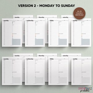 May include: A set of printable daily planner pages for Monday through Sunday. The pages are in black and white and feature a simple design with a space for the date, time, and tasks. The pages are labeled with the day of the week and the word "Version 2".