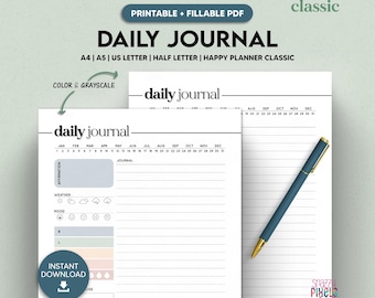 Daily Journal Printable Fillable PDF, Daily Diary Self Care Gratitude Planner, Affirmation Tracker, A5/A4/Letter/Half Size/Happy Inserts